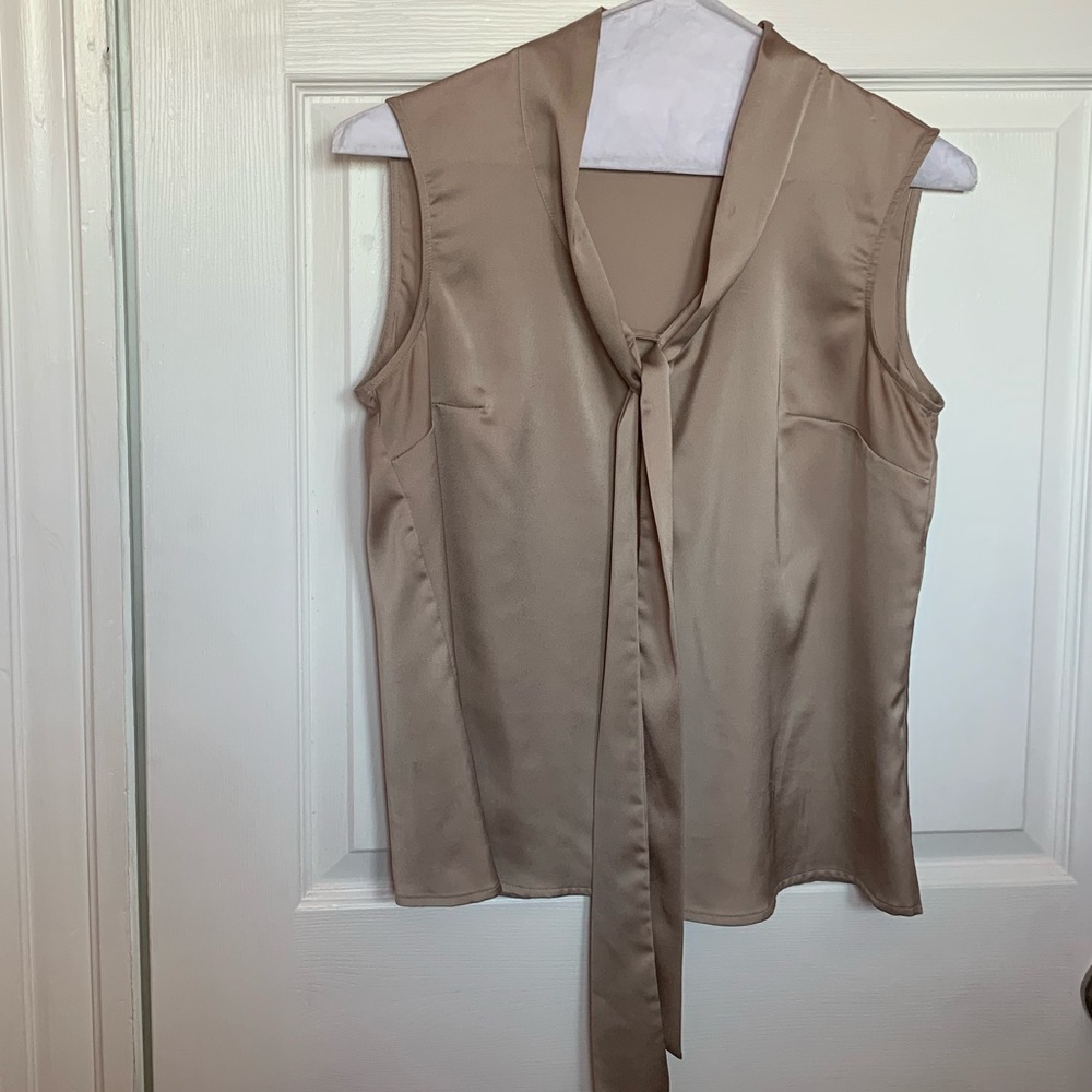 Sleeveless Satin Tie-Neck Blouse in Taupe
